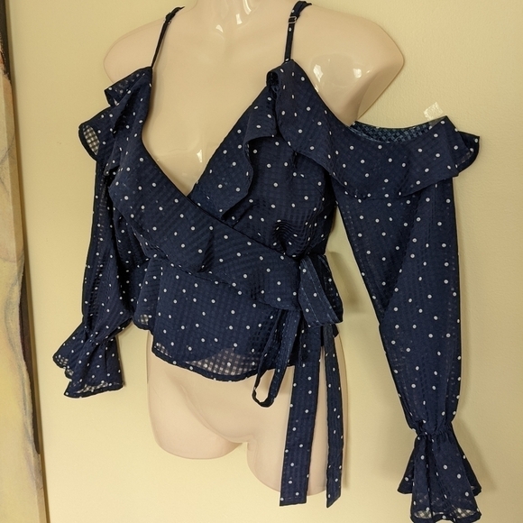 RUNAWAY polka dot blue and white off the cold shoulder ruffled wrap top blouse s - Picture 9 of 16